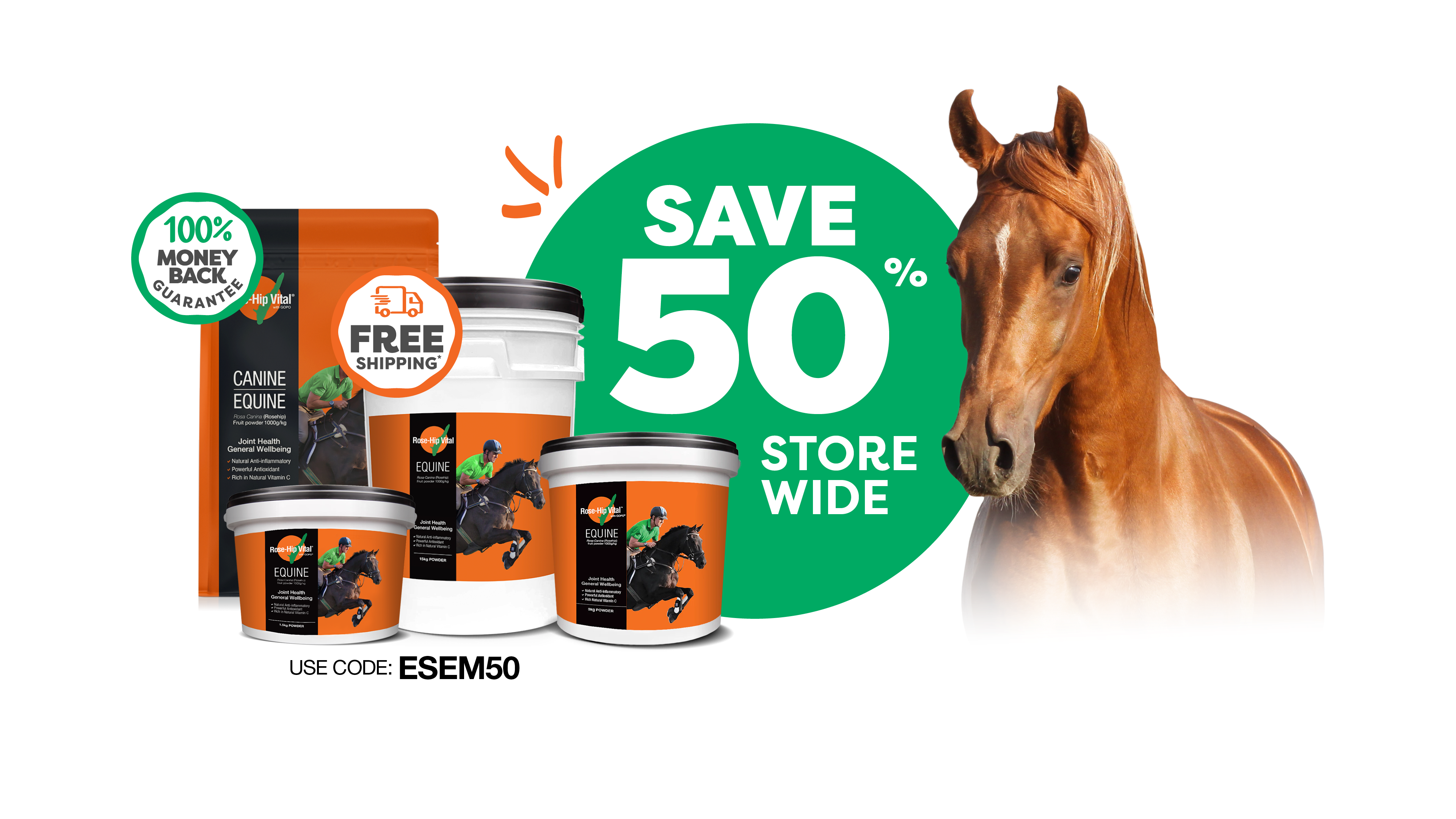 Rose-Hip Vital Equine products with a horse image and promotional text on a white background