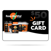 Rose-Hip Vital pet supplement products with a $50 gift card offer on a black background