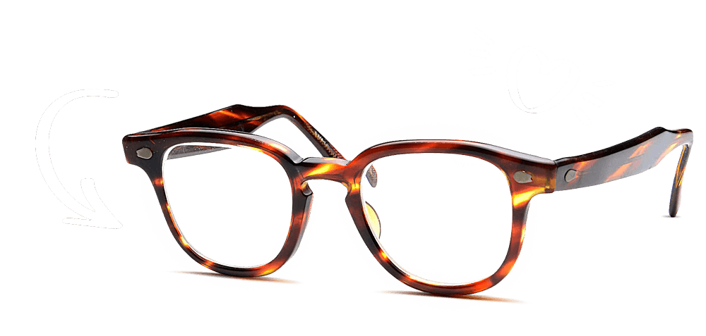Tortoiseshell glasses with heart and arrow illustrations on a black background