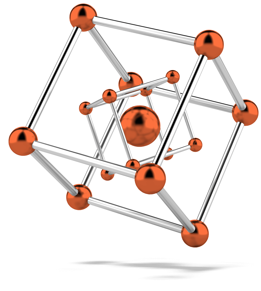 Geometric structure with orange spheres on a black background