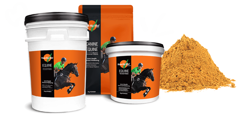 Rose-Hip Vital Equine joint supplement products with horse imagery on an orange and black background