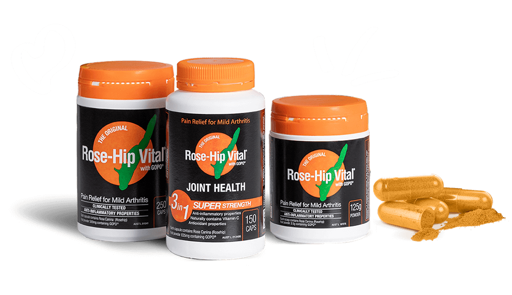 Three bottles of Rose-Hip Vital supplements with a heart symbol on a black background