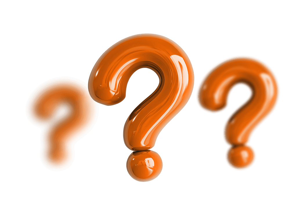 Three question marks made of orange liquid on a black background