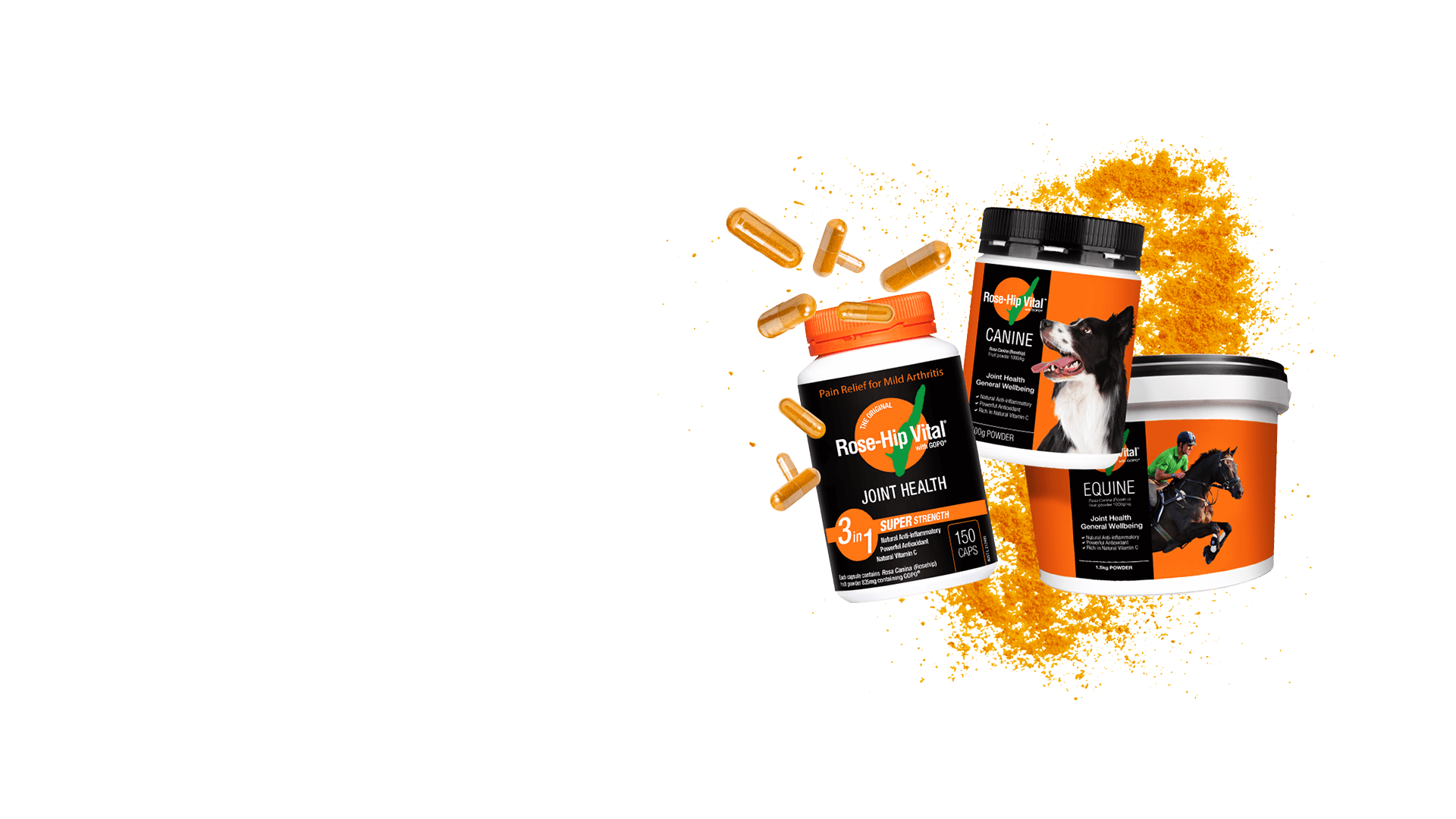 Rose-Hip Vital products with packaging on a black background