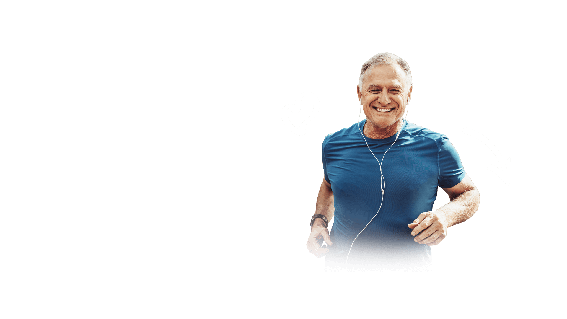 Man in blue shirt with heart and arrow graphics on a black background