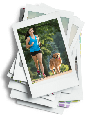Stack of photo prints featuring a woman running with a dog on a leash.