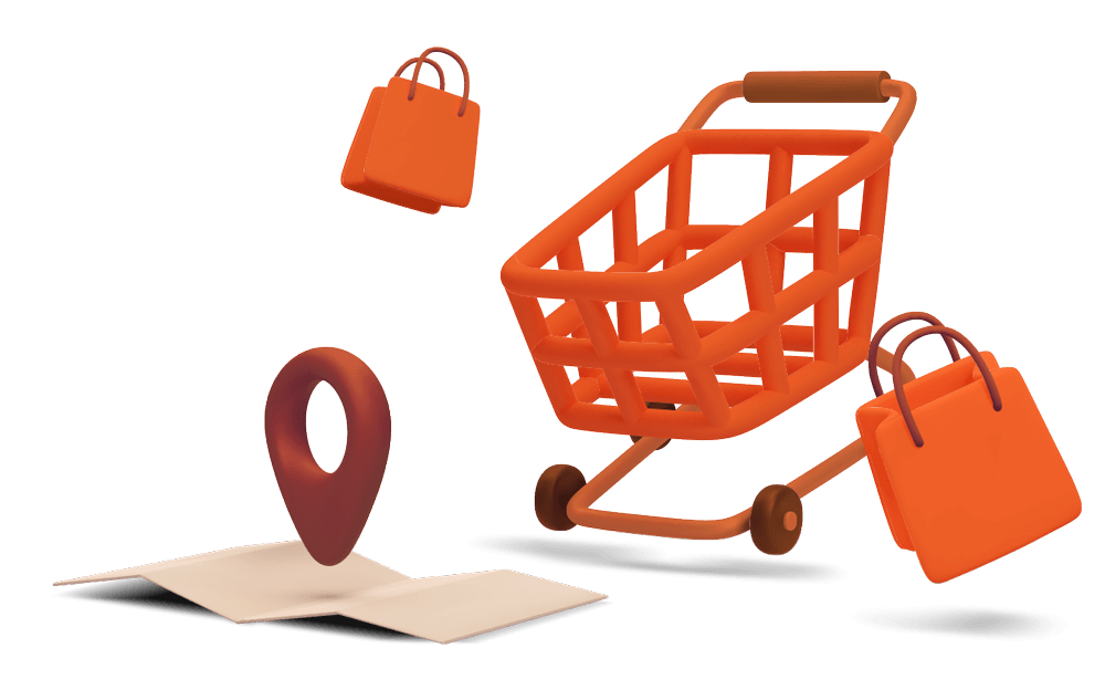 Orange shopping cart with bags and a map on a black background