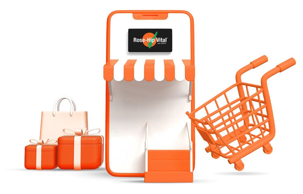 Miniature grocery store set with 'Rose-Hip Vital' branding, including a cash register, shopping cart, and bags on a black background.