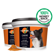 Two containers of Rose-Hip Vital Canine supplement with a money-back guarantee badge on a white background.