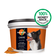 Rose-Hip Vital Canine supplement container with a dog on the label and a money-back guarantee badge.