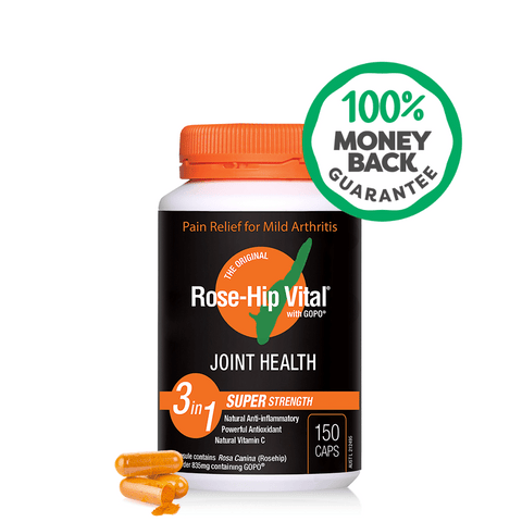 Rose-Hip Vital joint health supplement bottle with capsules on a white background
