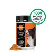 Supplement jar for canine with a money-back guarantee label on a white background