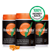 Three bottles of Rose-Hip Vital supplements with a money-back guarantee badge on a white background.