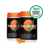 Two bottles of Rose-Hip Vital with GOPO on a white background, featuring a money-back guarantee badge.