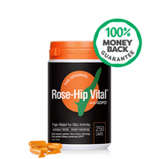 Rose-Hip Vital supplement bottle with orange capsules on a white background