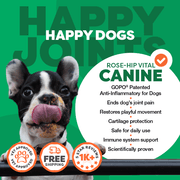 Advertisement for 'Happy Dogs' Rose-Hip Vital canine supplement with a dog licking its lips on a green background.