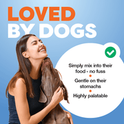 Woman holding a dog with promotional text about a product 'Loved by Dogs' on a blue background