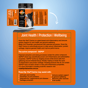 Rose-Hip Vital Canine supplement packaging with label details on a blue background