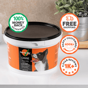Rose-Hip Vital dog supplement container with promotional graphics on a neutral background