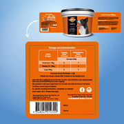 Dog food packaging with dosage chart on an orange label against a blue background