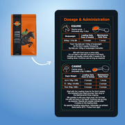 Supplement packaging with dosage chart for equine and canine on a blue background
