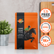 Orange and black package of Rose-Hip Vital Canine Equine supplement with promotional icons on a neutral background.