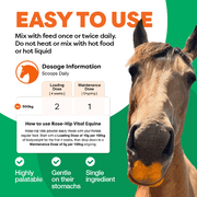 Horse with dosage information for Rose-Hip Vital Equine on a green and white background