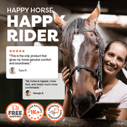 Woman petting a horse with promotional text and graphics about 'Happy Horse Happy Rider' product.