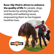 Person with a horse and dog in a field, promoting Rose-Hip Vital with text about enhancing quality of life.