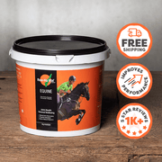 Orange and black container of Rose-Hip Vital Equine supplement on a wooden surface with promotional icons.