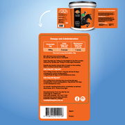 Orange label with dosage and administration information on a blue background