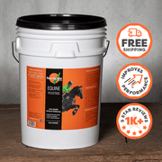 White bucket with orange label featuring a horse, free shipping, improved performance, and five-star reviews icons on a wooden surface.