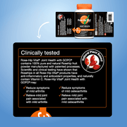 Rose-Hip Vital Joint Health supplement packaging with clinical information on a blue background