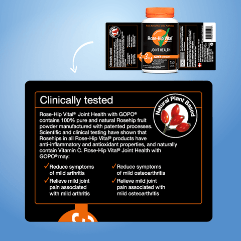 Rose-Hip Vital Joint Health supplement packaging with clinical information on a blue background