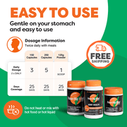 Product packaging with dosage information and free shipping offer on a green and white background