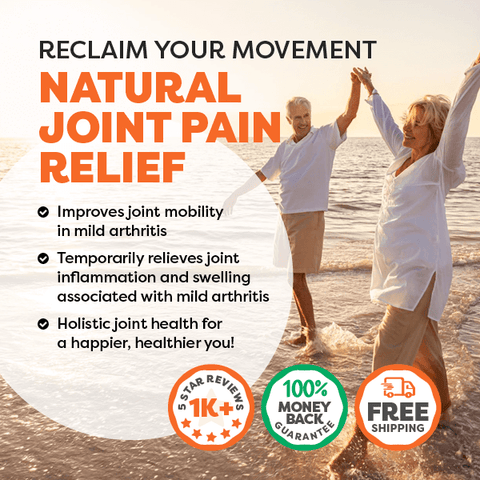 Advertisement for natural joint pain relief with a couple on a beach and product features listed.