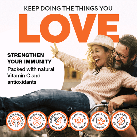 Man and woman sitting on a bike with text about strengthening immunity and natural Vitamin C.