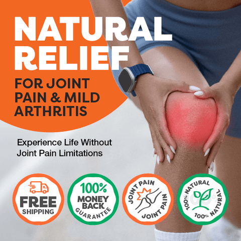 Advertisement for natural relief for joint pain and mild arthritis with a person holding their knee.