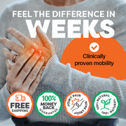 Advertisement for a joint pain relief product with text and icons on a blurred background