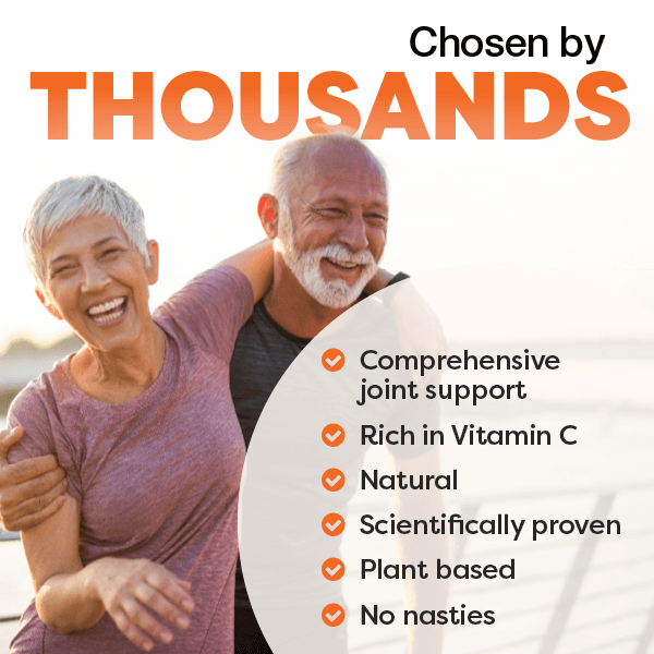 Two people walking together with product benefits listed on a white background