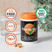Rose-Hip Vital supplement bottle with promotional icons on a light background