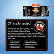 Rose Hip Vital supplement packaging with clinical information on a blue background