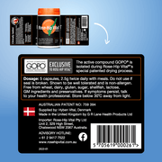 Rose-Hip Vital supplement packaging with label details on a blue background