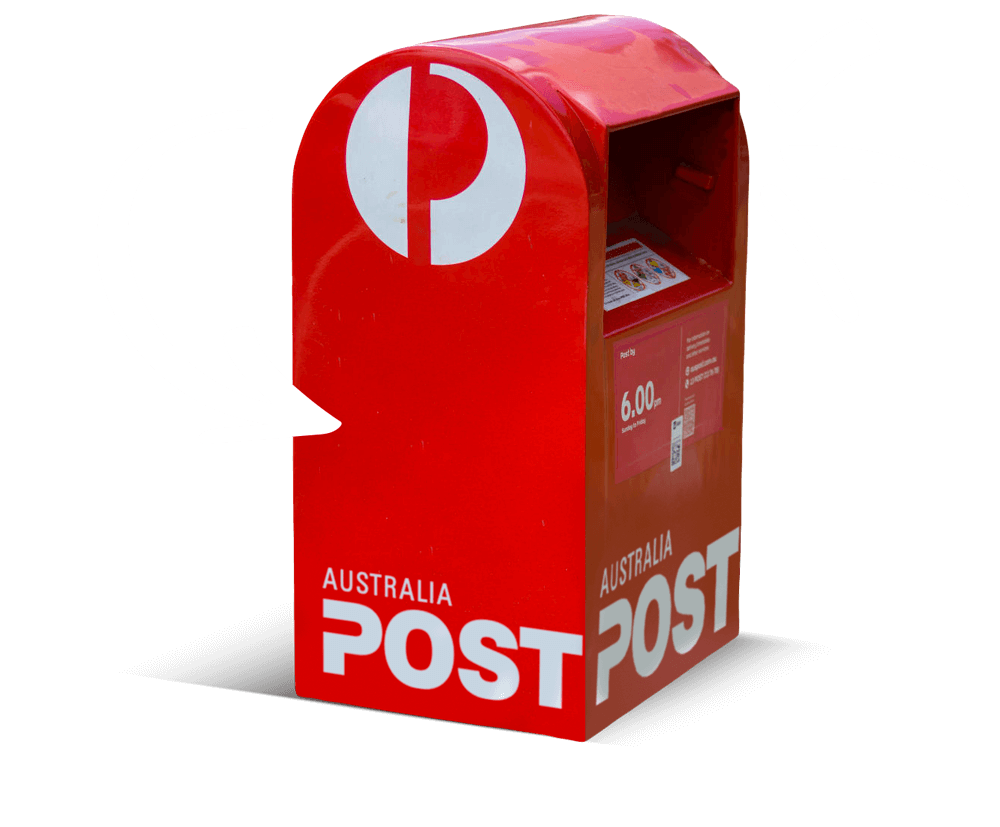 Red Australia Post mailbox with a white logo on a black background