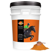 White container with orange label featuring a horse and person, labeled 'Rose Hip Val Equine'.