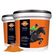 Two containers of Rose Hip Vital Equine supplement with a scoop of powder on a white background