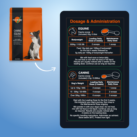 Dog food packaging with dosage chart on a blue background
