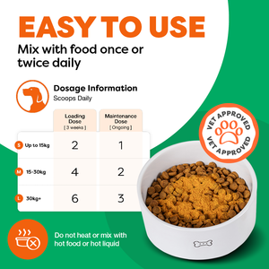 Dog food packaging with dosage information and vet approval badge on a green and white background