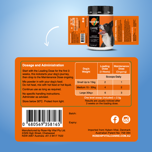 Dog supplement packaging with dosage chart on an orange label against a blue background