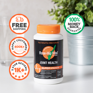 Bottle of Rose-Hip Vital Joint Health supplement with promotional badges on a light background